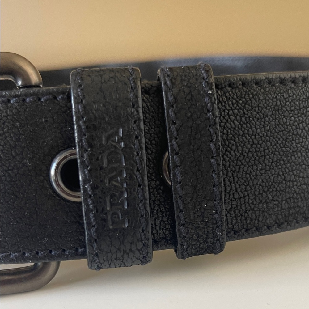 PRADA Black Leather Belt with Dark Silver Buckle and Metal Circle Accents - Picture 6 of 11